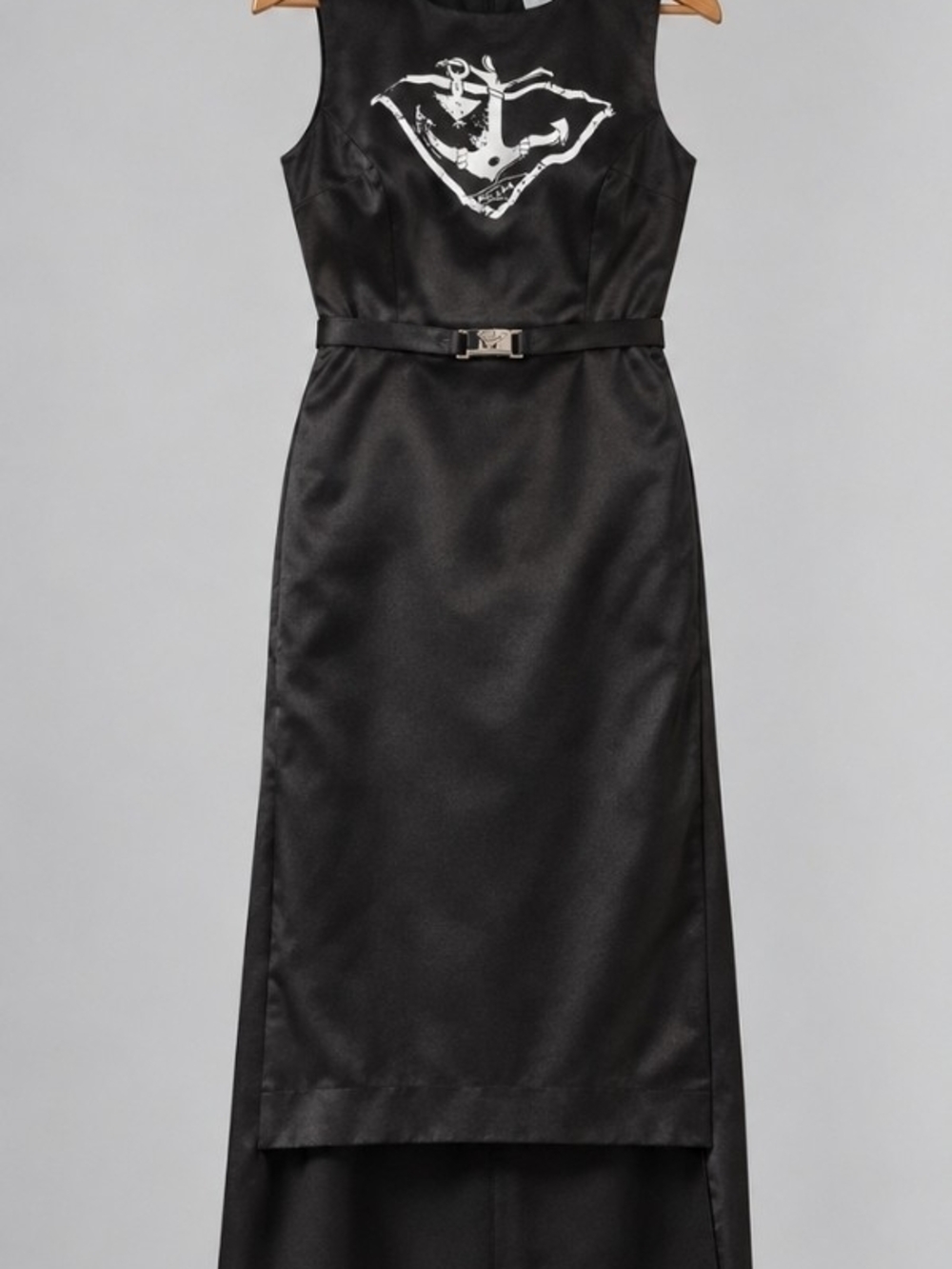 Prada Black Satin High-Low Dress with White Graphic Bodice and Belt